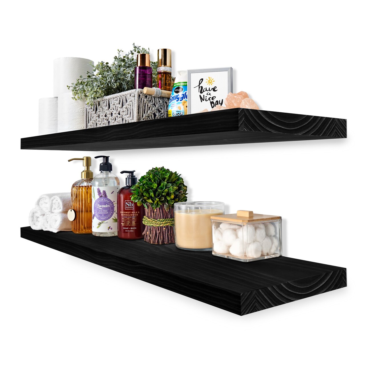 Sorbus Wood Floating Shelves for Wall - 35” Solid Wood Wall Shelves for Bathroom Decor, Books, Bedroom & Living Room - Set of 2 Black Wall Mounted Kitchen Shelves - Durable 100% Premium Solid Pine